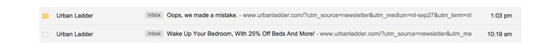 Urban Ladder envia E-mail marketing com correo do erro